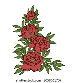 Simple Flat Outline Vector Clipart Of A Bouquet Of Peonies. Red Flowers With Green Leaves Isolated On White Background. Corner Design Element, Frame