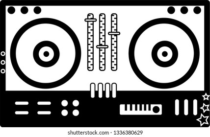 Simple flat outlined dj turntables illustration, grayscale on white background