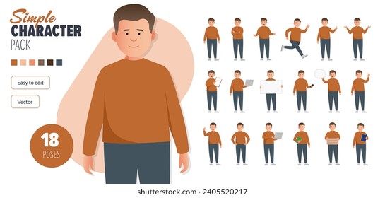 Carácter simple de vector de sobrepeso plano en un conjunto de poses múltiples. Fácil de editar y aislado en un fondo blanco. Mega pack de personajes de estilo moderno y moderno con muchas poses.