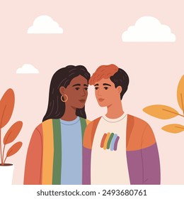 Simple flat pastel color pride couple  kissing illustration for social media.