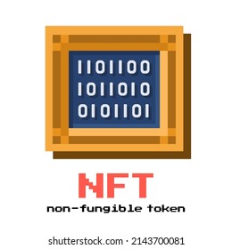 Simple flat pixel art illustration of converting a work of art into a unique token nft non fungible token innovation. Digital picture sign in art frame. Vector illustration.