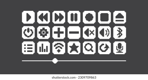 simple flat pixel art set of white media player icons for audio or video on black background. Design concept in retro style