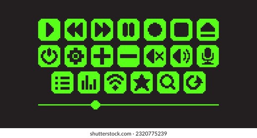 simple flat pixel art set of neo green media player buttons for audio or video on black background. Design concept in retro style