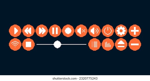 simple flat pixel art set of red media player icons for audio or video on black background. Design concept in retro style