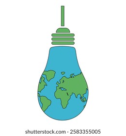 Simple flat planet of Earth in shape of light Bulb isolated transparent background. Perfect vector template design for Earth Hour poster banner. Logo for Earth Hour. EPS 10
