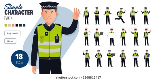 Simple flat police man officer vector character in a set of multiple poses. Easy to edit and isolated on a white background. Modern trendy style character mega pack with lots of poses.