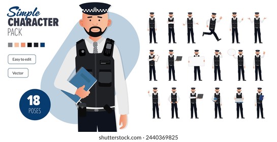 Simple flat police man officer vector character in a set of multiple poses. Easy to edit and isolated on a white background. Modern trendy style character mega pack with lots of poses.