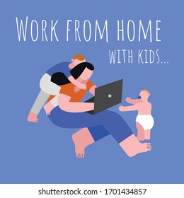 Simple flat poster showing woman working from home with two kids during coronavirus self-isolation