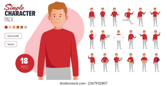 Carácter vector macho de pelo rojo plano simple en un conjunto de poses múltiples. Fácil de editar y aislado en un fondo blanco. Mega pack de personajes de estilo moderno y moderno con muchas poses.