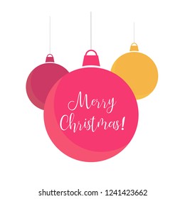 Simple flat red and yellow Christmas balls on white background. Bright New Year bauble elements with text for winter holidays banners, greeting cards, web design