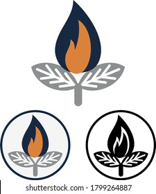 Simple flat round vector icon or logo of the biogas. Clipart of a tongue of flame blooming on the stem of a young plant