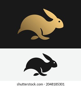 Plantilla de diseño simple de logotipo de conejo plano en marcha. Adecuado para la tienda de mascotas de conejo Entrega de marca de negocios deportiva Etc.