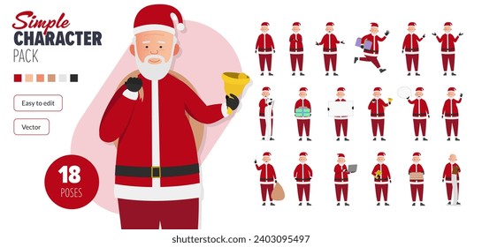 Simple flat Santa Claus, Father Christmas vector character in a set of multiple poses. Easy to edit and isolated on a white background. Modern trendy style character mega pack with lots of poses.