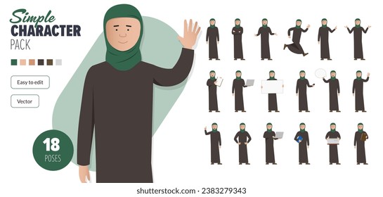 Sencillo personaje vectorial femenino saudita musulmana plana en un conjunto de poses múltiples. Fácil de editar y aislado en un fondo blanco. Mega pack de personajes de estilo moderno y moderno con muchas poses.