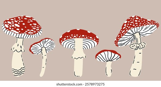 Simple flat set of toadstools. Poisonous mushrooms. Mushroom icons for nature, forest, fly agaric designs.