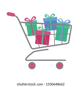 Simple flat shopping cart or trolley full of colorful gift boxes with bow ribbon. Buying christmas present or online sale concept. Vector Eps10 illustration