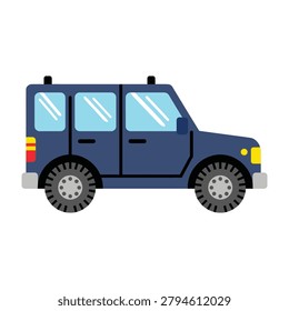 A simple flat side view icon of a dark blue off road SUV vehicle. This clean design is perfect for transportation projects, automotive websites, and mobile apps.
