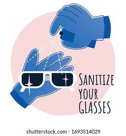 Simple flat sign saying to sanitize your glasses from time to time during coronavirus outbreak and isolation time