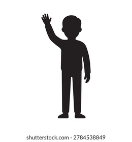 A simple, flat silhouette of a child standing upright with one arm raised and hand waving. The figure is depicted in solid black against a plain white background, conveying a clean and minimalist aest.