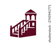 A simple, flat silhouette icon of an ornate minbar or pulpit. This maroon architectural symbol represents classic Islamic design and religious structures.