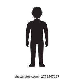 A simple, flat silhouette of a person standing upright with arms relaxed at the sides, wearing short pants and a short-sleeve shirt, depicted in solid black against a clean white background.