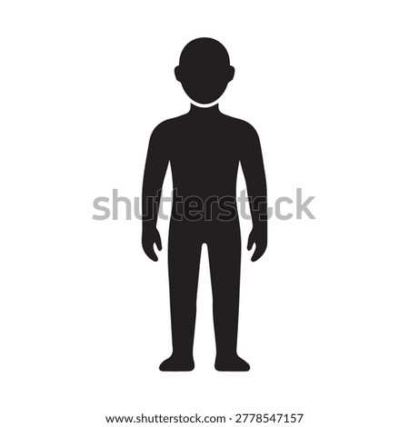 A simple, flat silhouette of a person standing upright with arms relaxed at the sides, wearing short pants and a short-sleeve shirt, depicted in solid black against a clean white background.