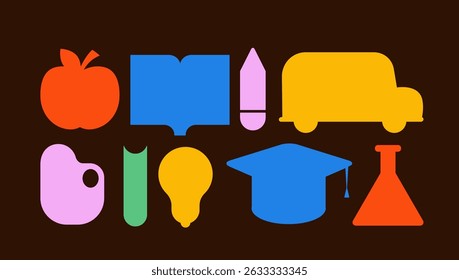 Simple flat silhouettes of common school items including apple, book, pencil, school bus, and chemistry flask. Hand drawn vector icons set on blackboard background