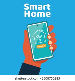 simple flat smart home connected to a smartphone illustration.