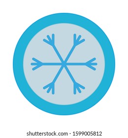 Simple flat snowflake symbol. Blue circle button with icon. Vector illustration.