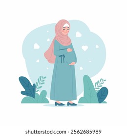 Simple Flat Soft Modern Cartoon Illustration of a Pregnant Muslim Woman in Hijab Surrounded by Hearts and Nature Motifs