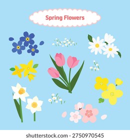 Simple Flat Spring Flower Design Elements Set