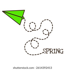 Simple flat Spring vector illustration. Paper Plane with dotted line. Springtime coming theme. Doodle airplane isolated transparent background. EPS 10