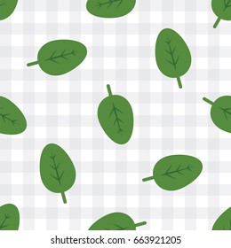 Simple Flat Style Basil Leaves on Plaid Background Vector Seamless Pattern