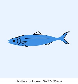 Simple Flat Style Blue Color Sardine Seafood Animal Illustration