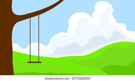 simple flat style cartoon background with green hills big trees with swings with bright cloudy sky, background with natural landscape concept