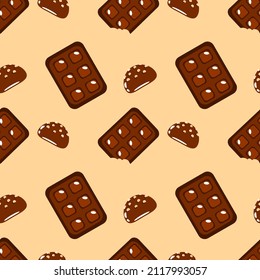 Simple flat style chocolate bars and truffles vector pattern. Cocoa choco praline and milk chocolate bar sweet tasty wallpaper on beige background. Bakery design. Cafe menu. Wrapping paper.