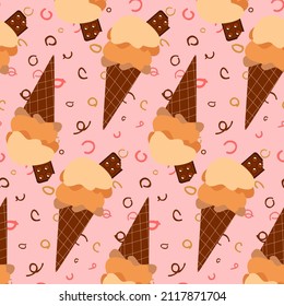Simple flat style cocoa ice cream set vector pattern. Cocoa ice cream in waffle cone with milk chocolate bar sweet tasty wallpaper on pink background. Bakery design. Cafe menu. Wrapping paper.