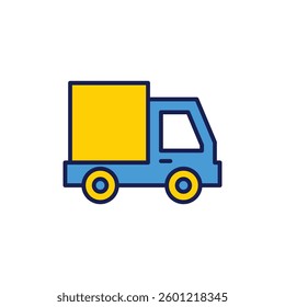 Simple flat style delivery truck illustration with blue outline and yellow cargo perfect for transportation services and logistics designs.