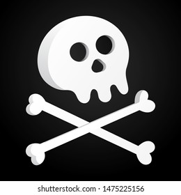 Simple flat style design skull with crossed bones icon sign vector illustration isolated on black background. Human part head, Jolly Roger pirat flag symbol or halloween element of scary decoration