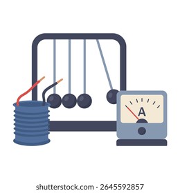 Simple flat style drawing of physics tools showing current coil ammeter and motion concept for education