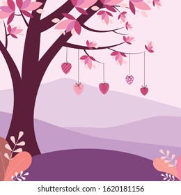 Simple flat style fantasy landscape in pastel colors. Lovely background for Valentine´s day designs.