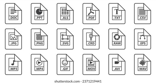 Simple flat style file type or extensions icon set, File type icons. File formats in flat design. File and documents extensions. Icons for ui. Vector illustration.