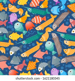 Simple flat style fish seamless pattern, vector illustration. Background with abstract colorful sea creatures, aquarium fish icon. Wrapping paper, fabric print design. Underwater fish geometric shapes