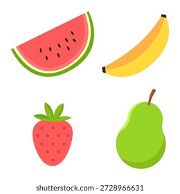 Simples Estilo Plano Fruto Ilustração Melancia Banana Morango e pera