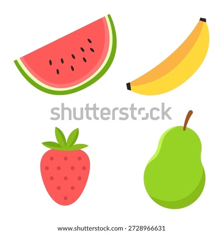 Simple Flat Style Fruit Illustration Watermelon Banana Strawberry and Pear