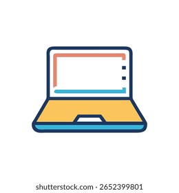 Gráfico de estilo plano simple de una computadora portátil con un contorno azul y teclado amarillo, digitalmente renderizado.