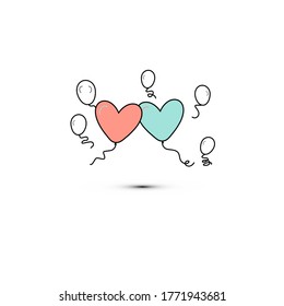Simple flat style icon of beautiful two balloons in the form of hearts for the feast of love on Valentine's Day or March 8th. illustration.