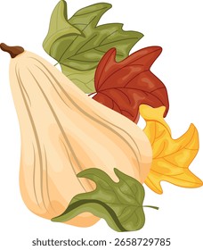 Icono de estilo plano simple con una calabaza blanca larga y hojas de otoño coloridas al lado, para diseños de otoño, tarjetas o empaques