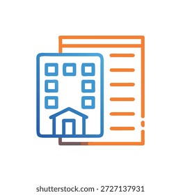 Simple flat style icon showing building and document with blue and orange outlines against black backdrop.
