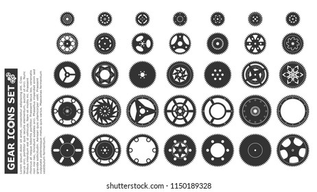 Simple flat style icons vector illustration. Set of gears with the same tooth size and degree. Easy to connect to each others within the set.
